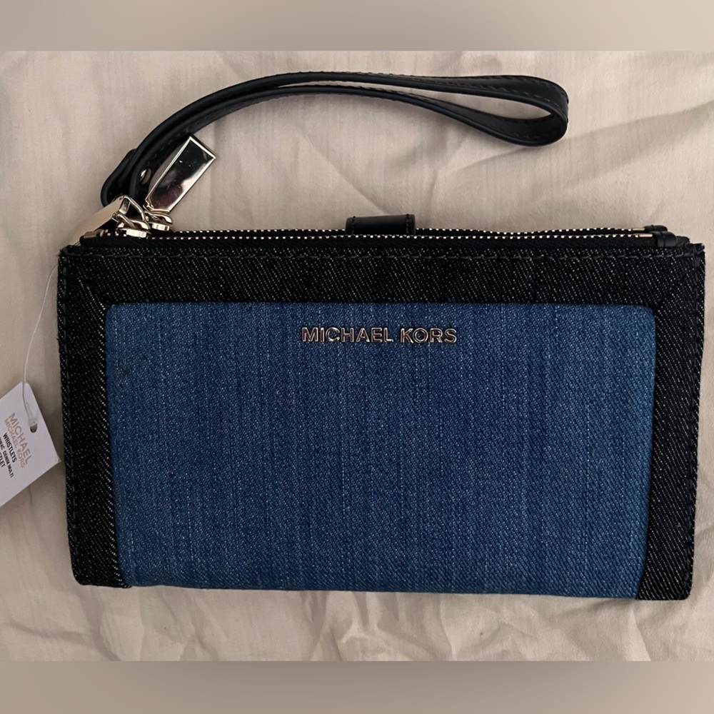 NWT. Michael Kors blue denim wristlet